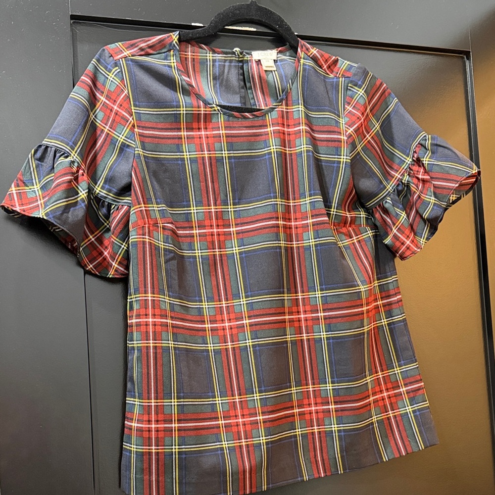 J. Crew Multicolor Plaid Blouse with Ruffle Sleeves